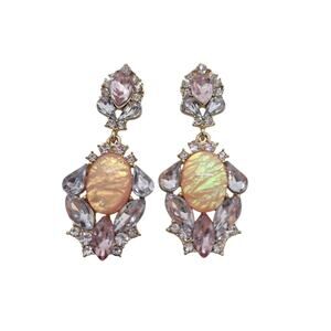 Peach Statement Earrings Lg  Cabochon Small Surrounding Stones Posts Gold Tone